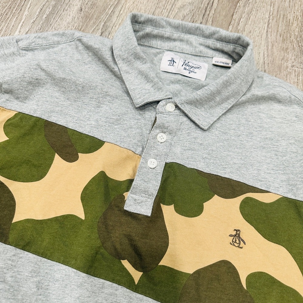 Original Penguin Mens‎ XXL Gray Camouflage Stripe Short Sleeve Polo Shirt Logo